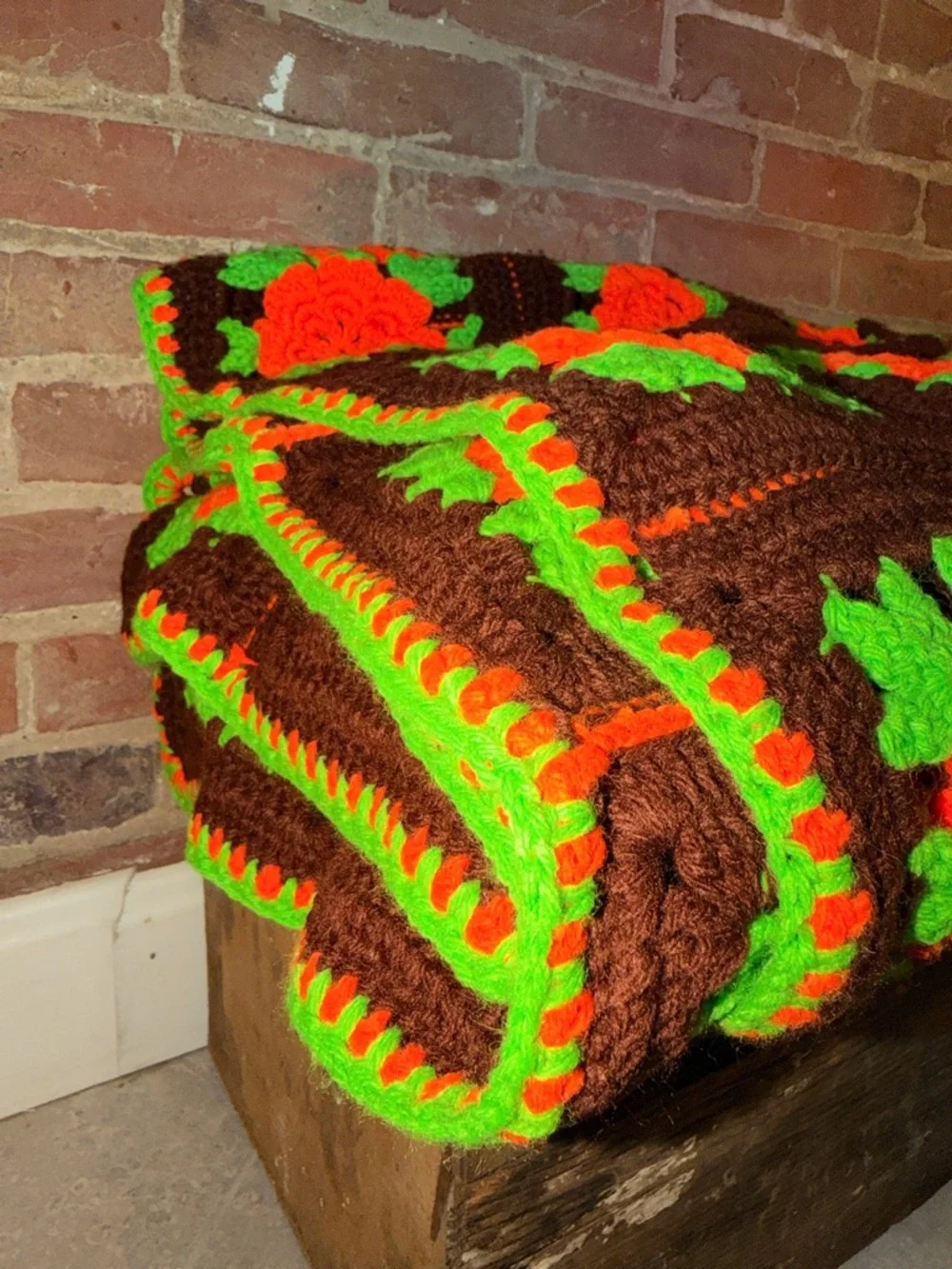 Vintage Handmade Crochet Granny Square Blanket with Orange Flowers